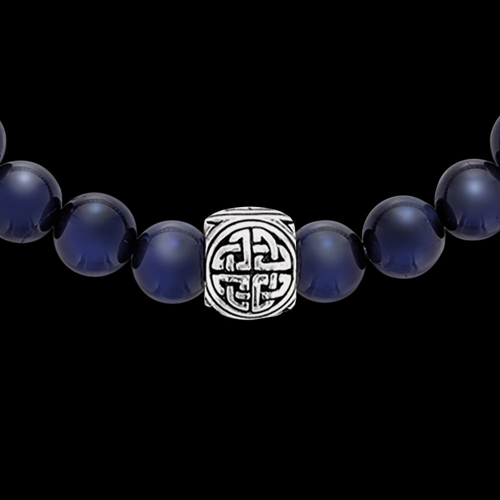 SAVE BRAVE MEN'S STEEL BLUE TIGER EYE VIKING SHIELD KNOT BRACELET - BEAD CLOSE-UP