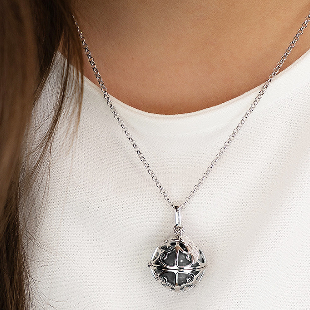 ENGELSRUFER SILVER GREY PEARL WING ANGEL SOUNDBALL PENDANT - MODEL VIEW