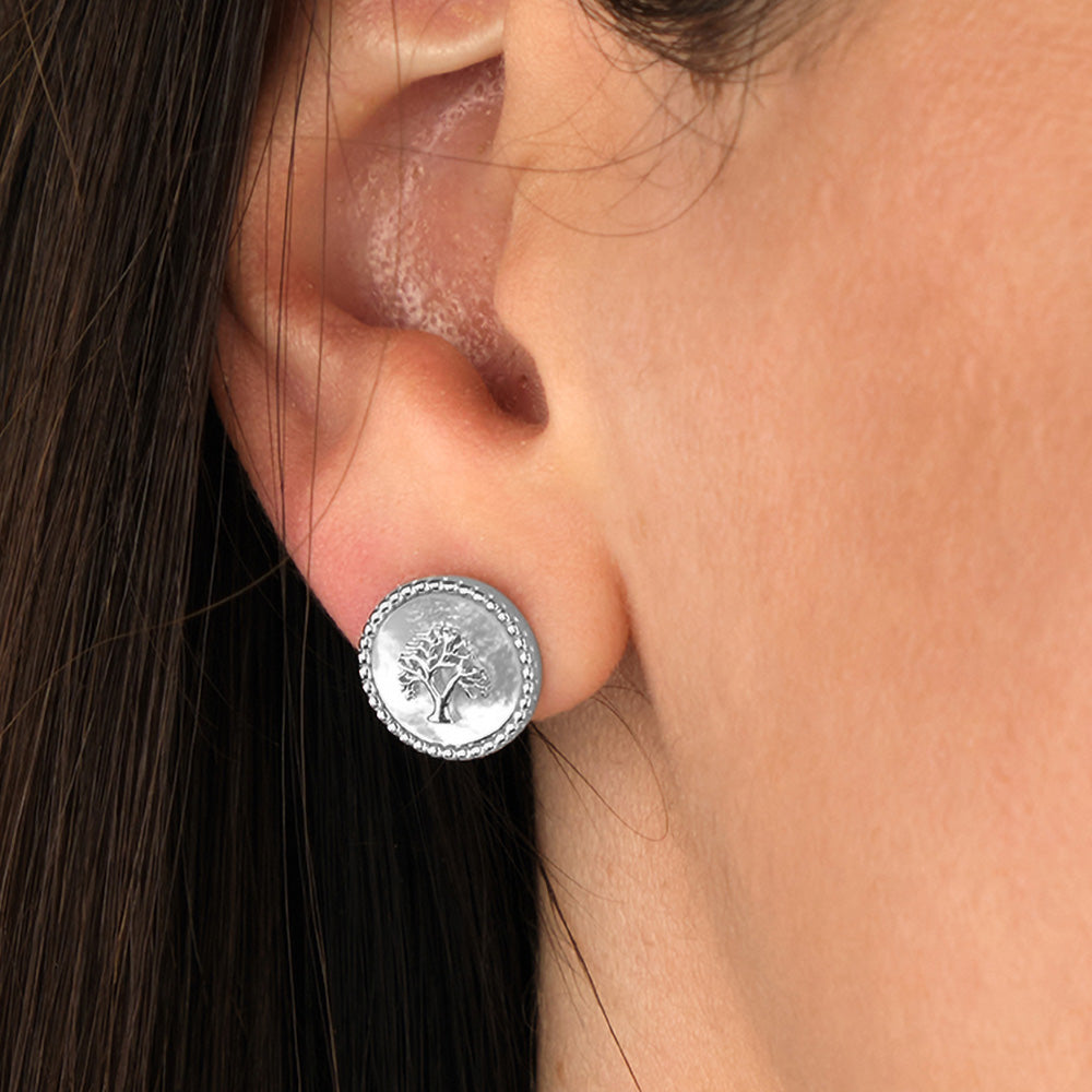 ENGELSRUFER SILVER TREE OF LIFE MOTHER OF PEARL EARRINGS - MODEL VIEW