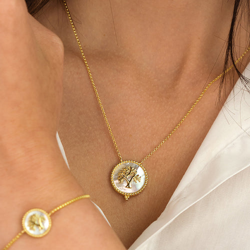 ENGELSRUFER GOLD TREE OF LIFE MOTHER OF PEARL NECKLACE - MODEL VIEW