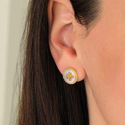 ENGELSRUFER GOLD TREE OF LIFE MOTHER OF PEARL EARRINGS - MODEL VIEW