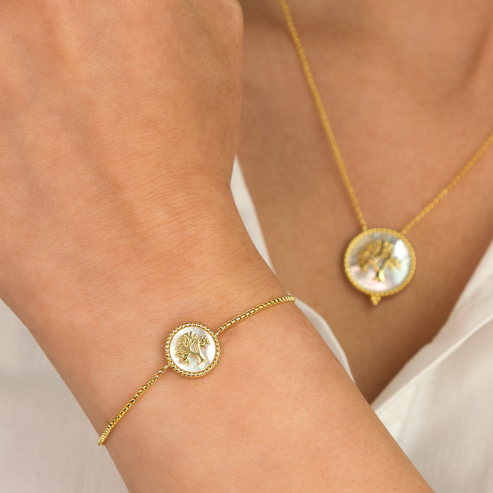 ENGELSRUFER GOLD TREE OF LIFE MOTHER OF PEARL BRACELET - MODEL VIEW