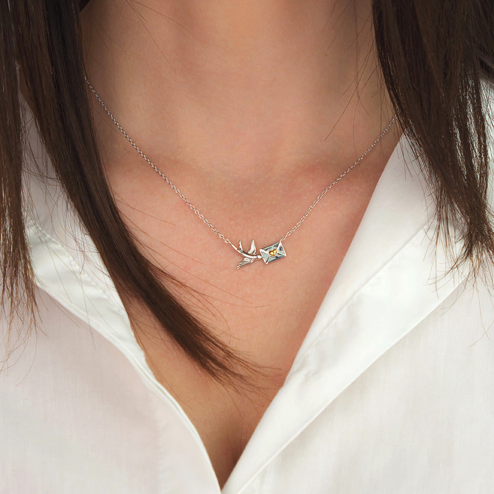 ENGELSRUFER SILVER SWALLOW LOVE LETTER NECKLACE - MODEL VIEW
