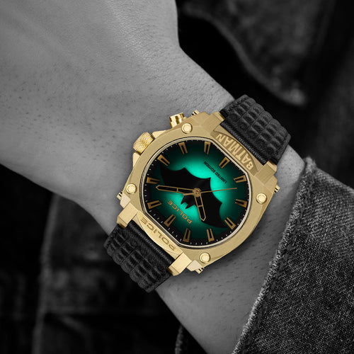 POLICE FOREVER BATMAN GOLD & BLACK LIMITED EDITION WATCH - WRIST VIEW
