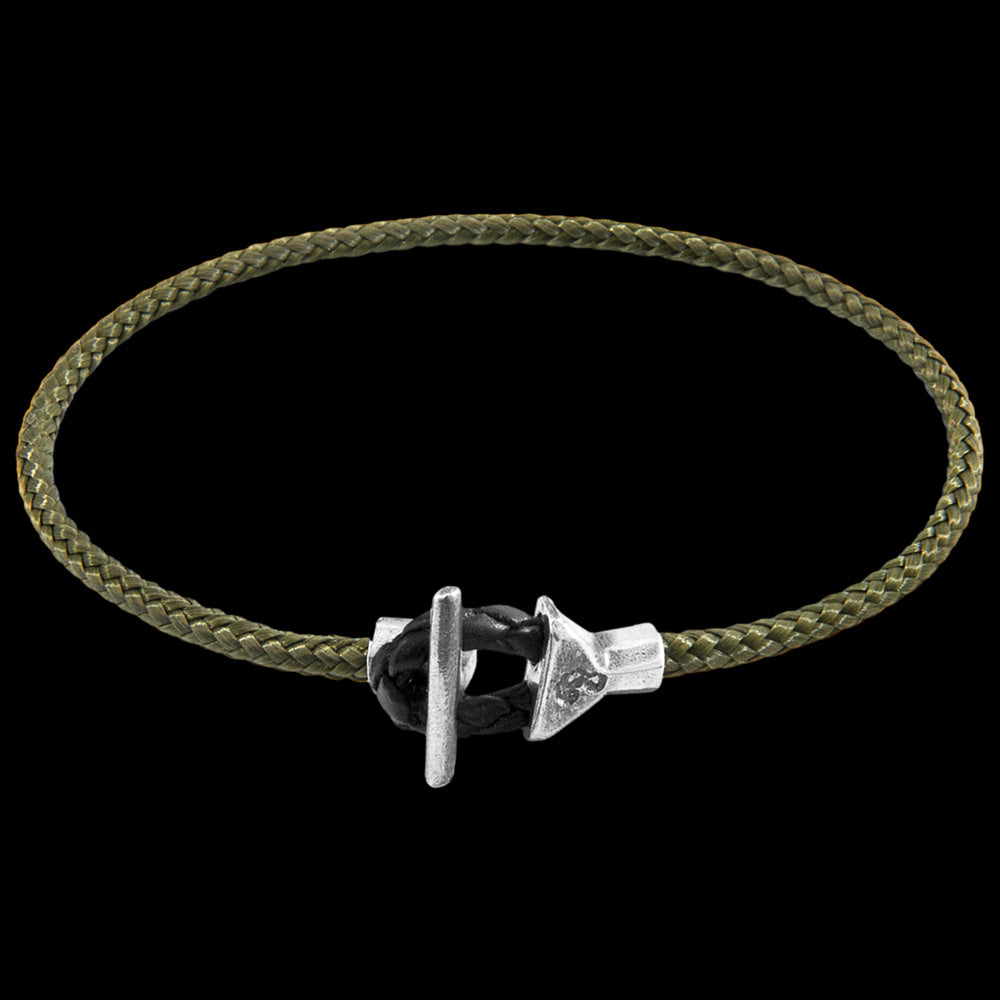 ANCHOR & CREW CULLEN SILVER KHAKI GREEN ROPE BRACELET