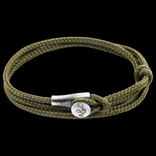 ANCHOR & CREW DUNDEE SILVER KHAKI GREEN ROPE BRACELET