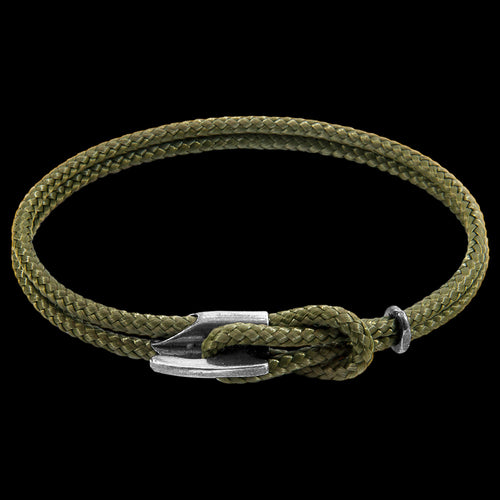 ANCHOR & CREW PADSTOW SILVER KHAKI GREEN ROPE BRACELET