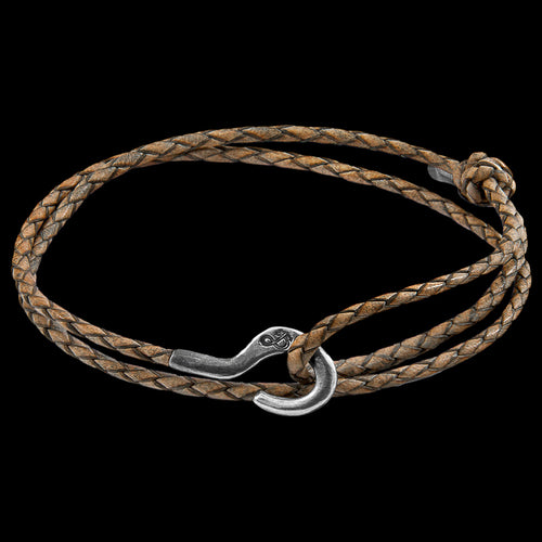 ANCHOR & CREW CHARLES SILVER TAUPE GREY BRAIDED LEATHER BRACELET