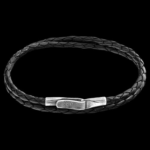 ANCHOR & CREW LIVERPOOL SILVER BLACK BRAIDED LEATHER BRACELET