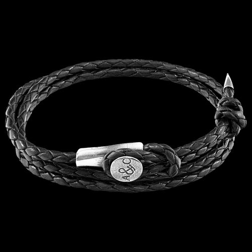 ANCHOR & CREW DUNDEE SILVER BLACK BRAIDED LEATHER BRACELET