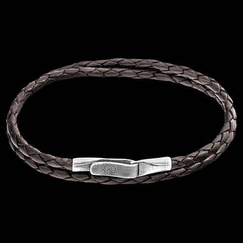 ANCHOR & CREW LIVERPOOL SILVER DARK BROWN BRAIDED LEATHER BRACELET