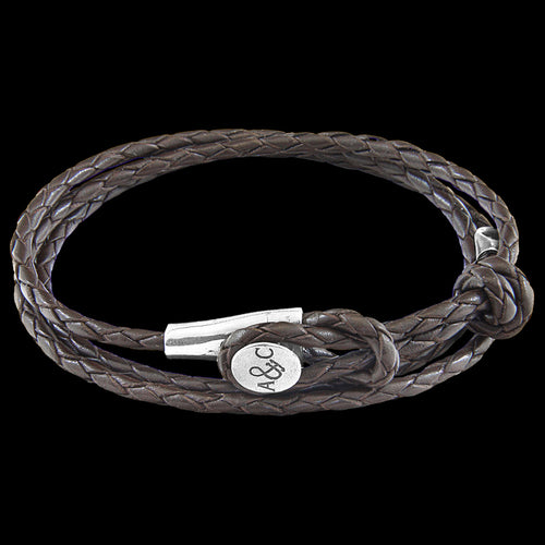 ANCHOR & CREW DUNDEE SILVER DARK BROWN BRAIDED LEATHER BRACELET