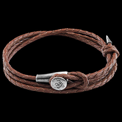 ANCHOR & CREW DUNDEE SILVER BROWN BRAIDED LEATHER BRACELET