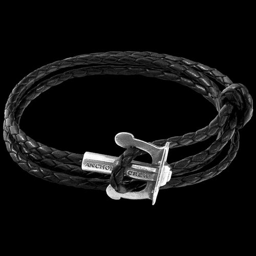 ANCHOR & CREW UNION SILVER BLACK BRAIDED LEATHER BRACELET