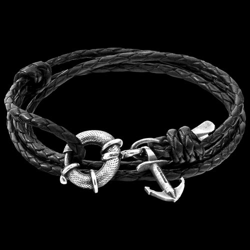 ANCHOR & CREW CLYDE SILVER BLACK BRAIDED LEATHER BRACELET
