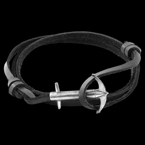 ANCHOR & CREW ADMIRAL SILVER BLACK FLAT LEATHER BRACELET