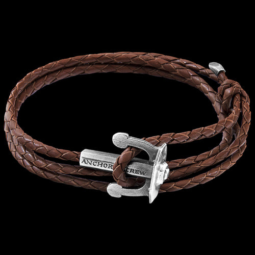 ANCHOR & CREW UNION SILVER BROWN BRAIDED LEATHER BRACELET