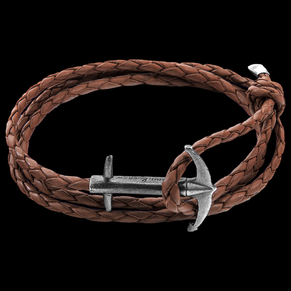 ANCHOR & CREW ADMIRAL SILVER LIGHT BROWN BRAIDED LEATHER BRACELET