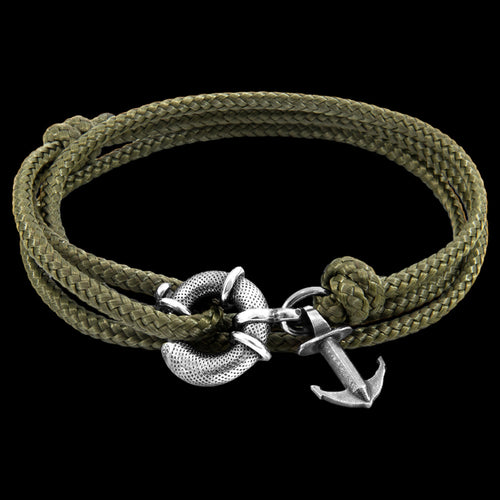 ANCHOR & CREW CLYDE SILVER KHAKI GREEN ROPE BRACELET