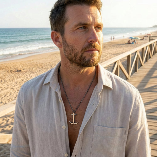 Man Wearing Anchor & Crew Admiral Anchor Sterling Silver Necklace