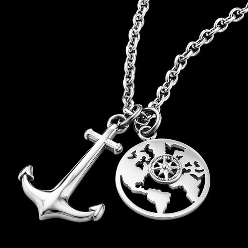 SAVE BRAVE ANCHOR WORLD COMPASS TALISMAN STEEL MEN'S NECKLACE