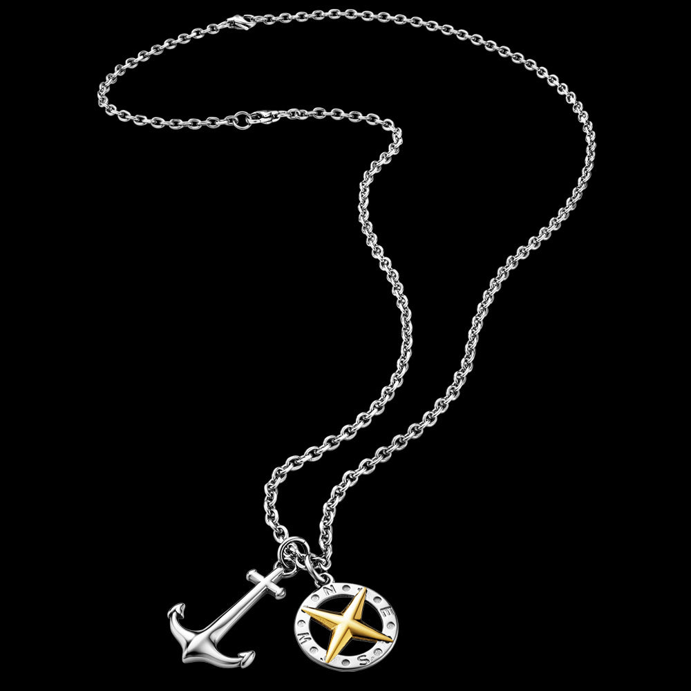 SAVE BRAVE ANCHOR NORTH STAR COMPASS TALISMAN STEEL MEN'S NECKLACE - FULL VIEW