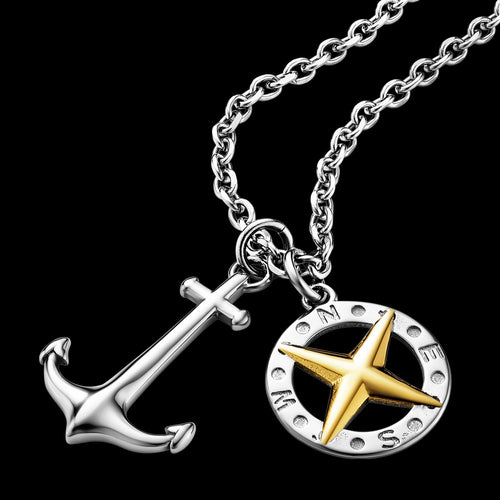 SAVE BRAVE ANCHOR NORTH STAR COMPASS TALISMAN STEEL MEN'S NECKLACE