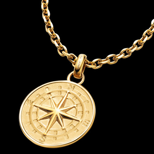 SAVE BRAVE NORTH STAR COMPASS GOLD STEEL MEN'S MEDALLION NECKLACE