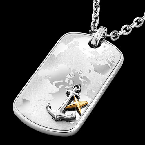 SAVE BRAVE WORLD MAP ANCHOR STEEL MEN'S DOG TAG NECKLACE