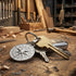 North Star Compass Men's Steel Key Ring On Workshop Bench