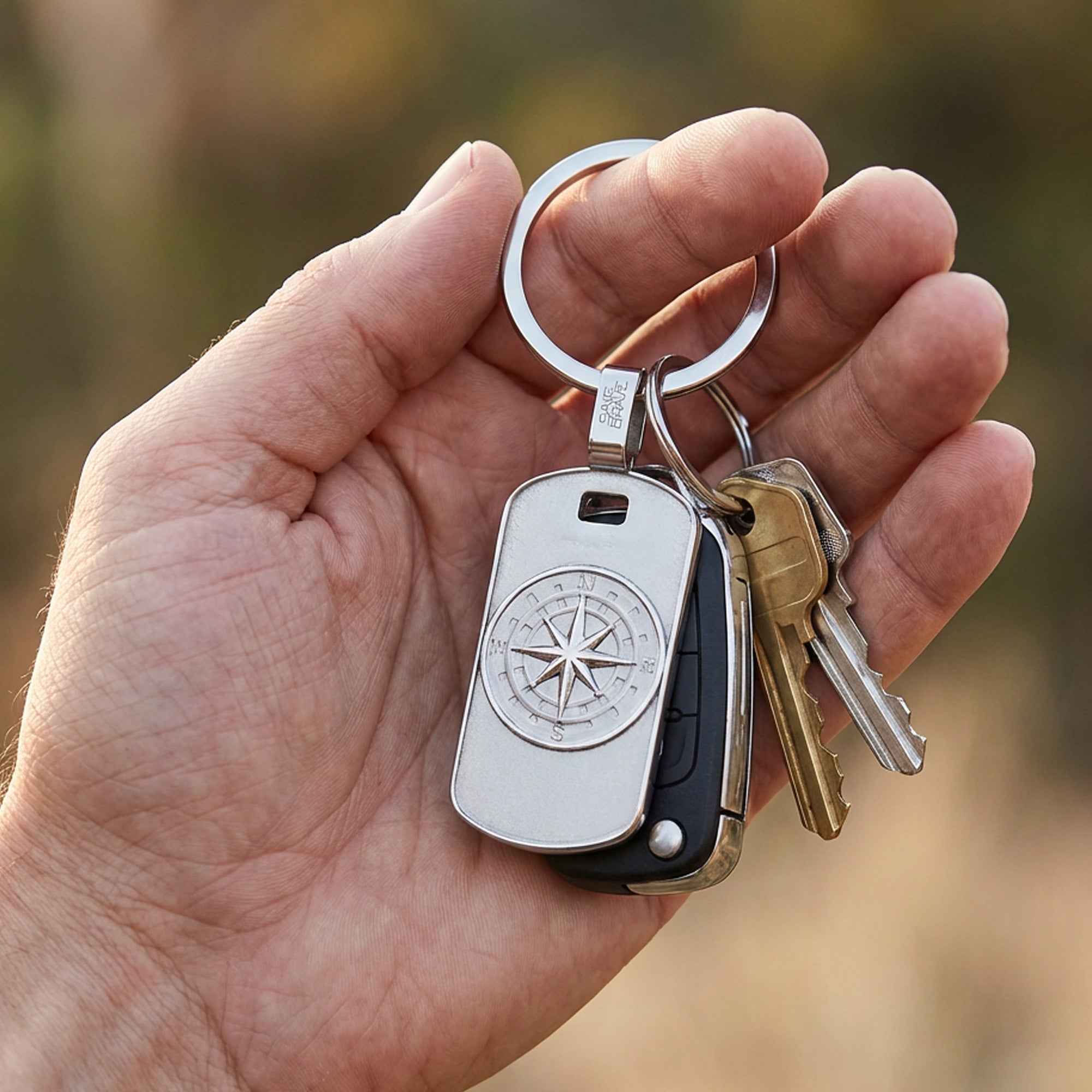 North Star Compass Dog Tag Men's Steel Key Ring In Man's Hand