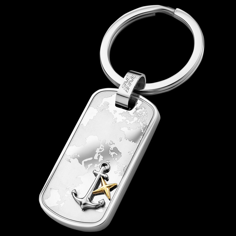 SAVE BRAVE WORLD MAP ANCHOR DOG TAG MEN'S STEEL KEY RING