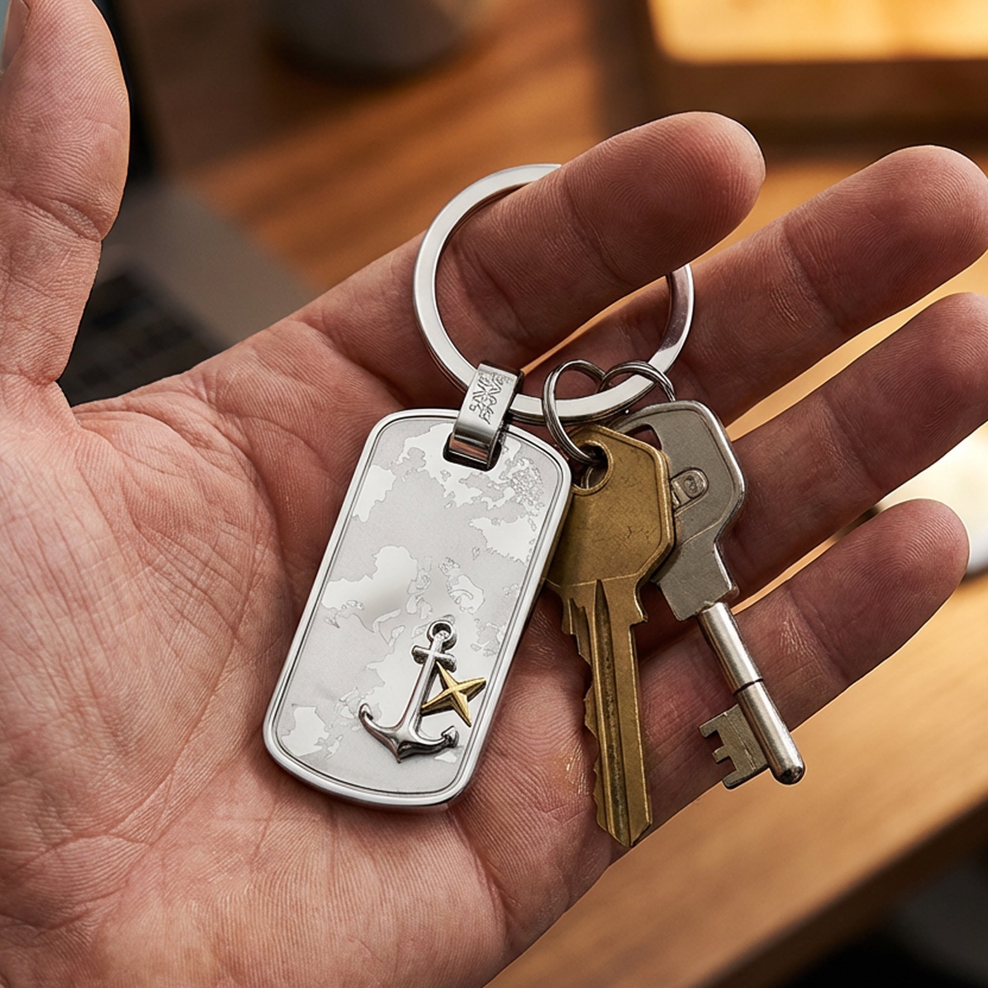 Man Holding World Map Anchor Dog Tag Men's Steel Key Ring