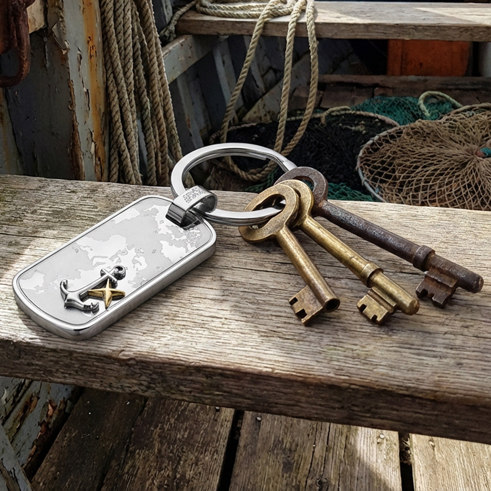 World Map Anchor Dog Tag Men's Steel Key Ring Sitting On Shelf In Fishing Boat