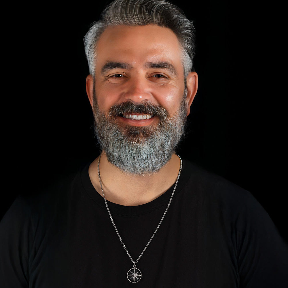 Man Wearing Black Onyx Compass Talisman Men's Necklace | Save Brave Australia