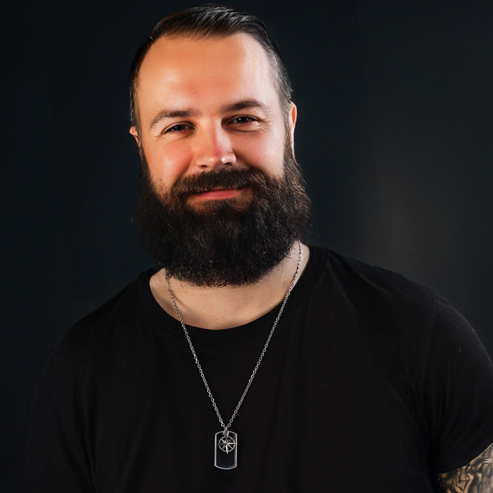 Man Wearing Black Onyx Compass Talisman Dog Tag Men's Necklace | Save Brave Australia