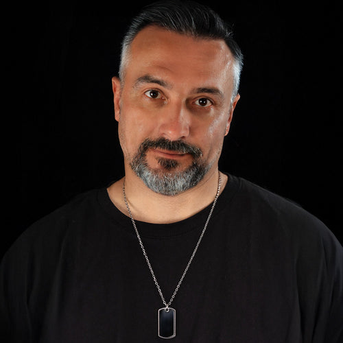 Man Wearing Black Onyx Dog Tag Men's Necklace | Save Brave Australia