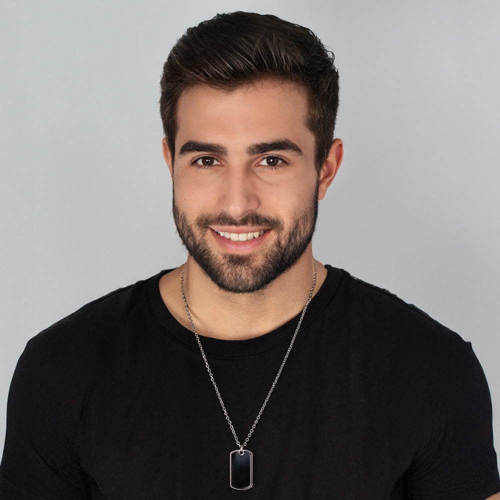 Man Wearing Black Onyx Dog Tag Men's Necklace | Save Brave Australia
