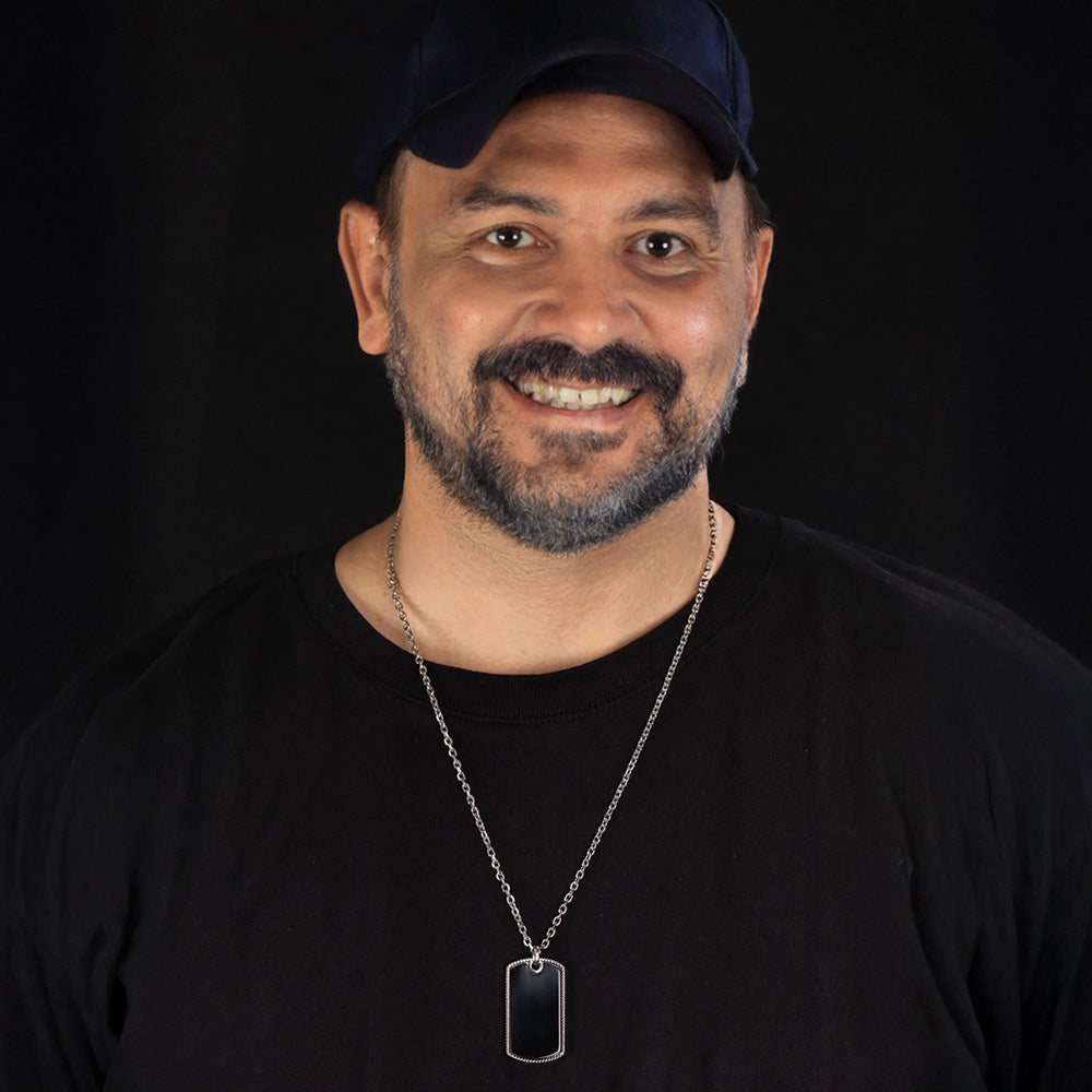 Man Wearing Black Onyx Dog Tag Men's Necklace | Save Brave Australia