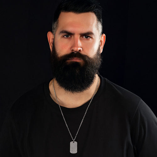 Man Wearing Checker Plate Weave Dog Tag Men's Necklace | Save Brave Australia