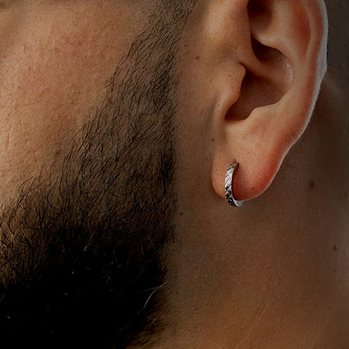 Man Wearing Checker Plate Huggie Hoop Men's Earring | Save Brave Australia