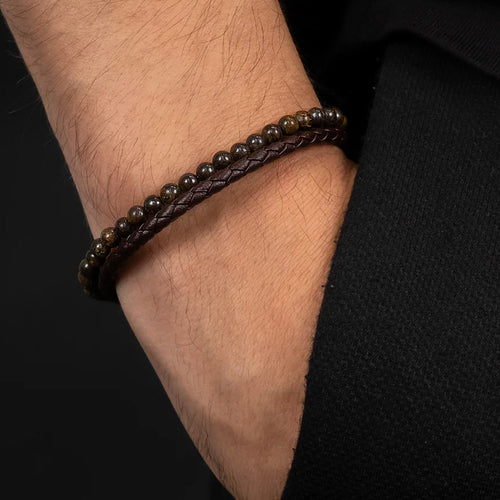Man Wearing Brown Leather & Tiger Eye Bead Men's Bracelet | Save Brave Australia