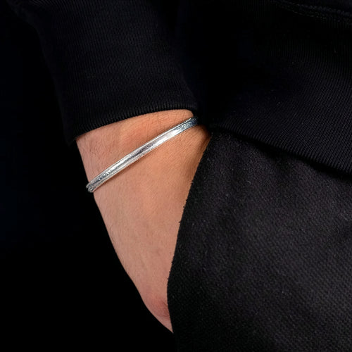 Man Wearing Stainless Steel Roughed Men's Thin Cuff Bracelet