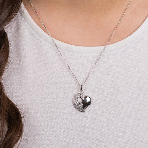 Woman Wearing Sterling Silver Angel Wing Heart Pendant | Engelsrufer Australia