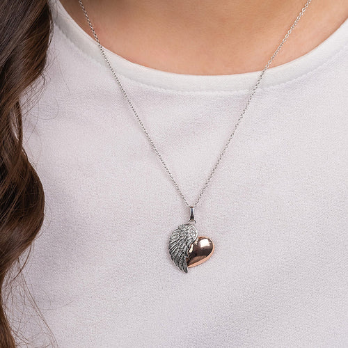 Woman Wearing Sterling Silver & Rose Gold Angel Wing Heart Pendant | Engelsrufer Australia