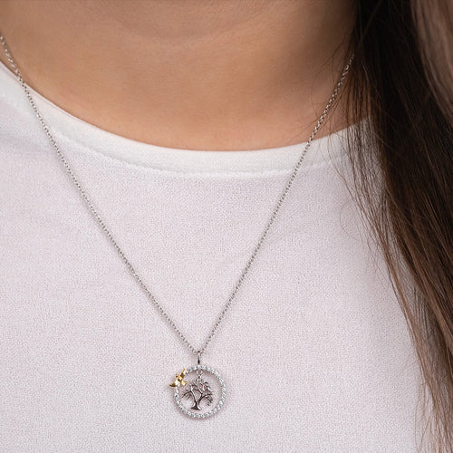 Woman Wearing Tree Of Life Swallow Silver CZ Halo Necklace | Engelsrufer Australia