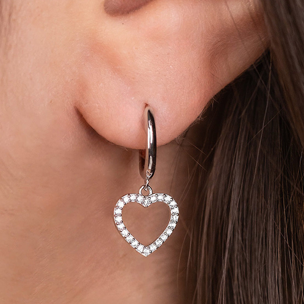 ENGELSRUFER SILVER SHINY HEART PAVE CZ HOOP EARRINGS - MODEL VIEW
