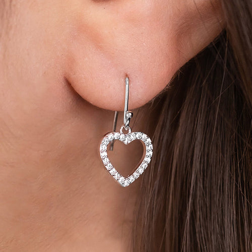 ENGELSRUFER SILVER SHINY HEART PAVE CZ HOOK EARRINGS - MODEL VIEW