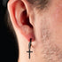 Man Wearing Steel Black CZ Dangle Cross Men’s Hoop Earring