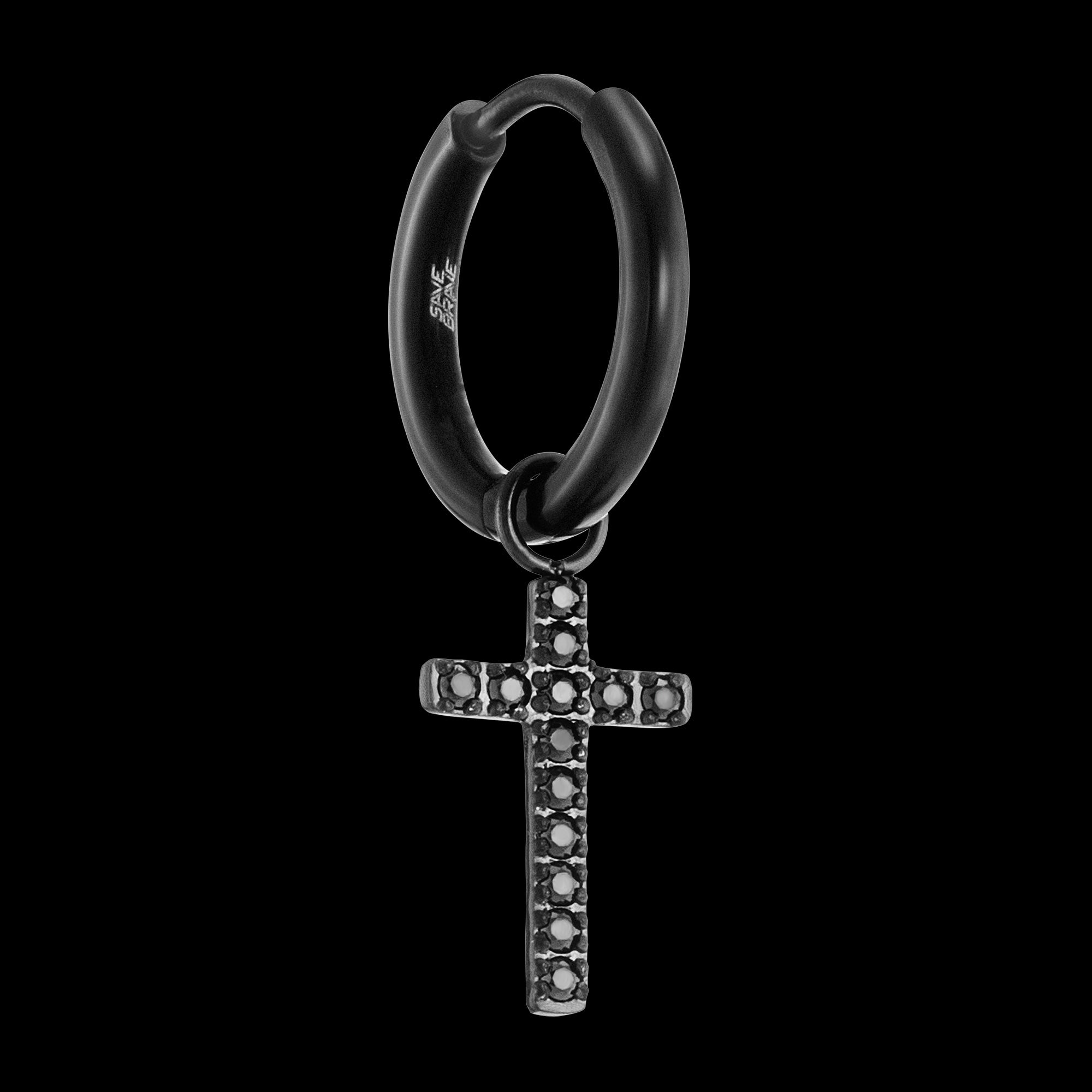 Steel Black CZ Dangle Cross Men’s Hoop Earring | Save Brave Australia